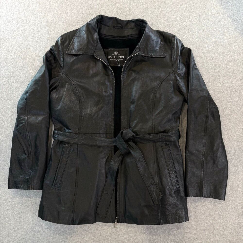 VTG Oscar Piel Black Genuine Leather Jacket Women Belted Zip Out Liner L Y2k